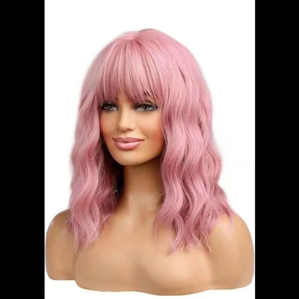 Soft Wavy Pink Women's Wig with Bangs - Fashionable Everyday Style